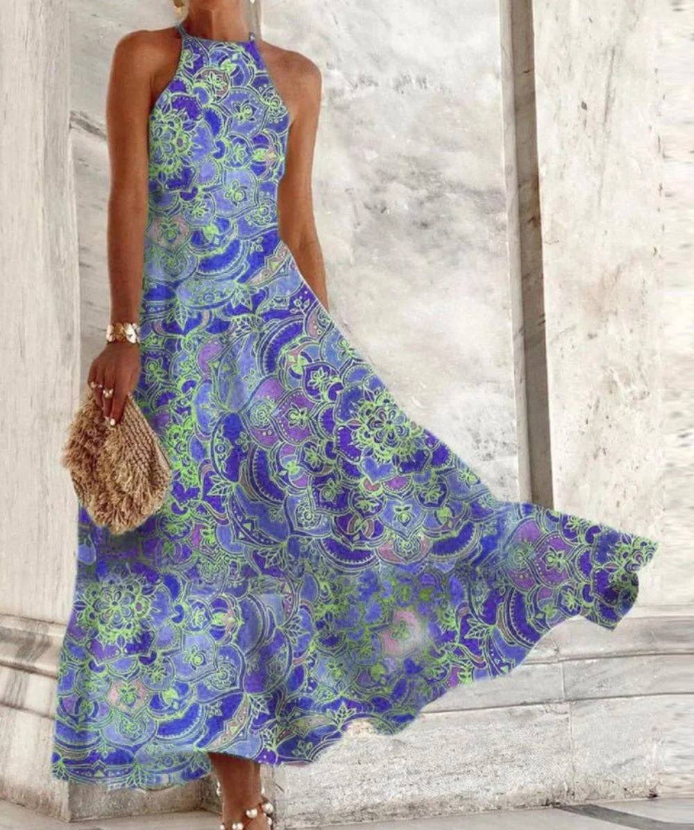 Miriam – Sleeveless Women's Dress with Halter Neck and Vintage Pattern