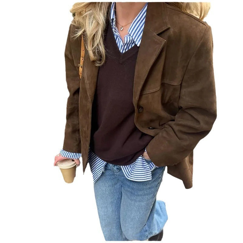 WW | Retro Faux Leather Blazer - Stylish Vintage Jacket for Everyday and Office