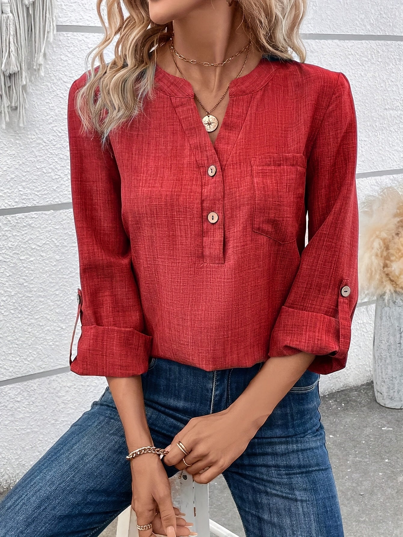 WW | Crocheted Blouse with Long Sleeves and Button at Neck