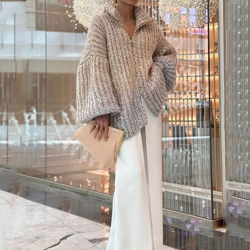 WW | Strickjacke mit Pailletten - Eleganter Glanz & Leichtes Gewebe - Einfarbig Cardigan für Alltag & besondere Anlässe