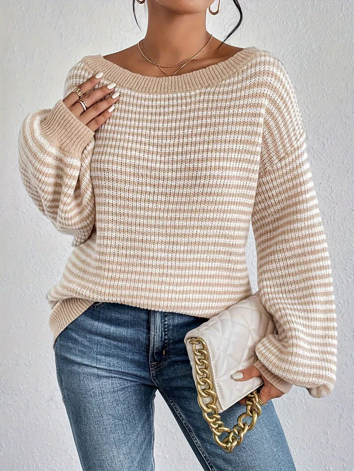 WW |  Schulterfreier Baumwollpullover mit Streifen, elastischem Stoff und Rundhalsausschnitt Pullover Damen - Ideal für Frühling