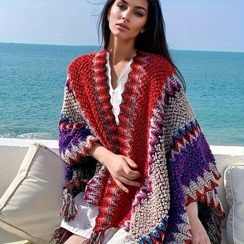 WW | Vintage Wavy Striped Knitted Scarf Tassel Vest