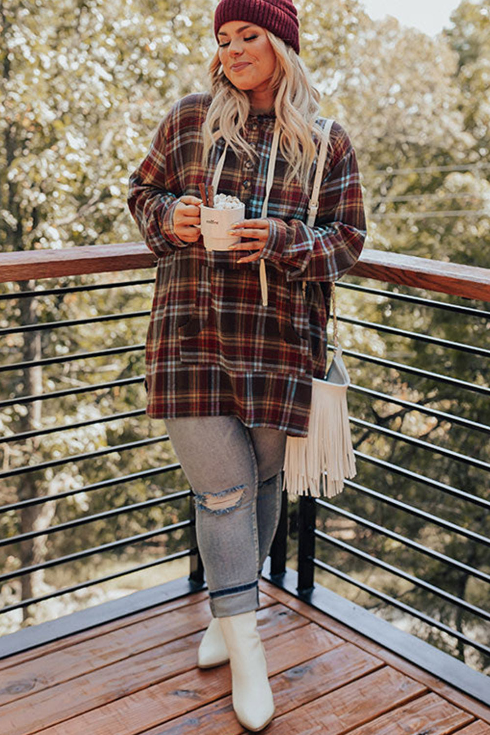 WW | Fiery Red Plus-Size Plaid Kangaroo Pocket Drawstring Hoodie