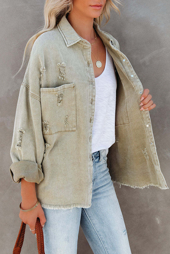 WW | Lapel Long Sleeve Ripped Denim Jacket