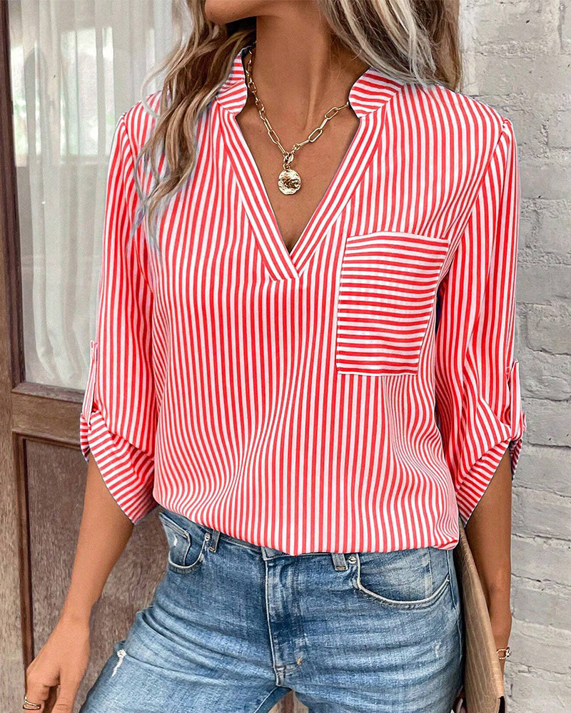 WW | striped V-neck T-shirt with chest pocket