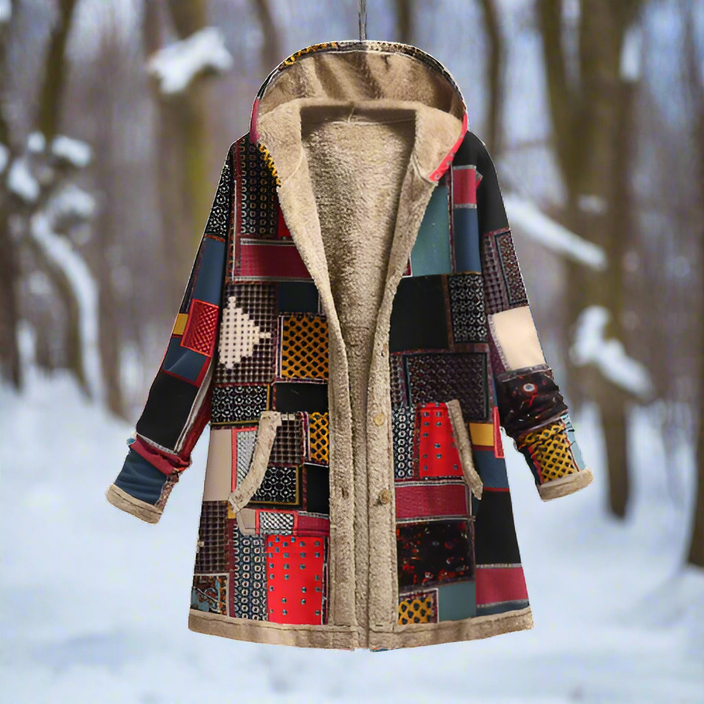 WW | Langer Patchwork-Mantel - Gefüttert mit Fleece - Kapuze & Knopfverschluss - Lässiger Look