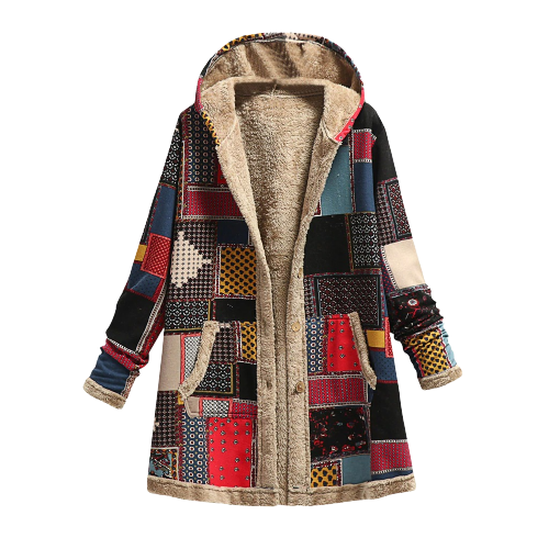 WW | Kapuzenmantel Patchwork Design Gefüttert Mit Weichem Sherpa Knöpfe Und Taschen