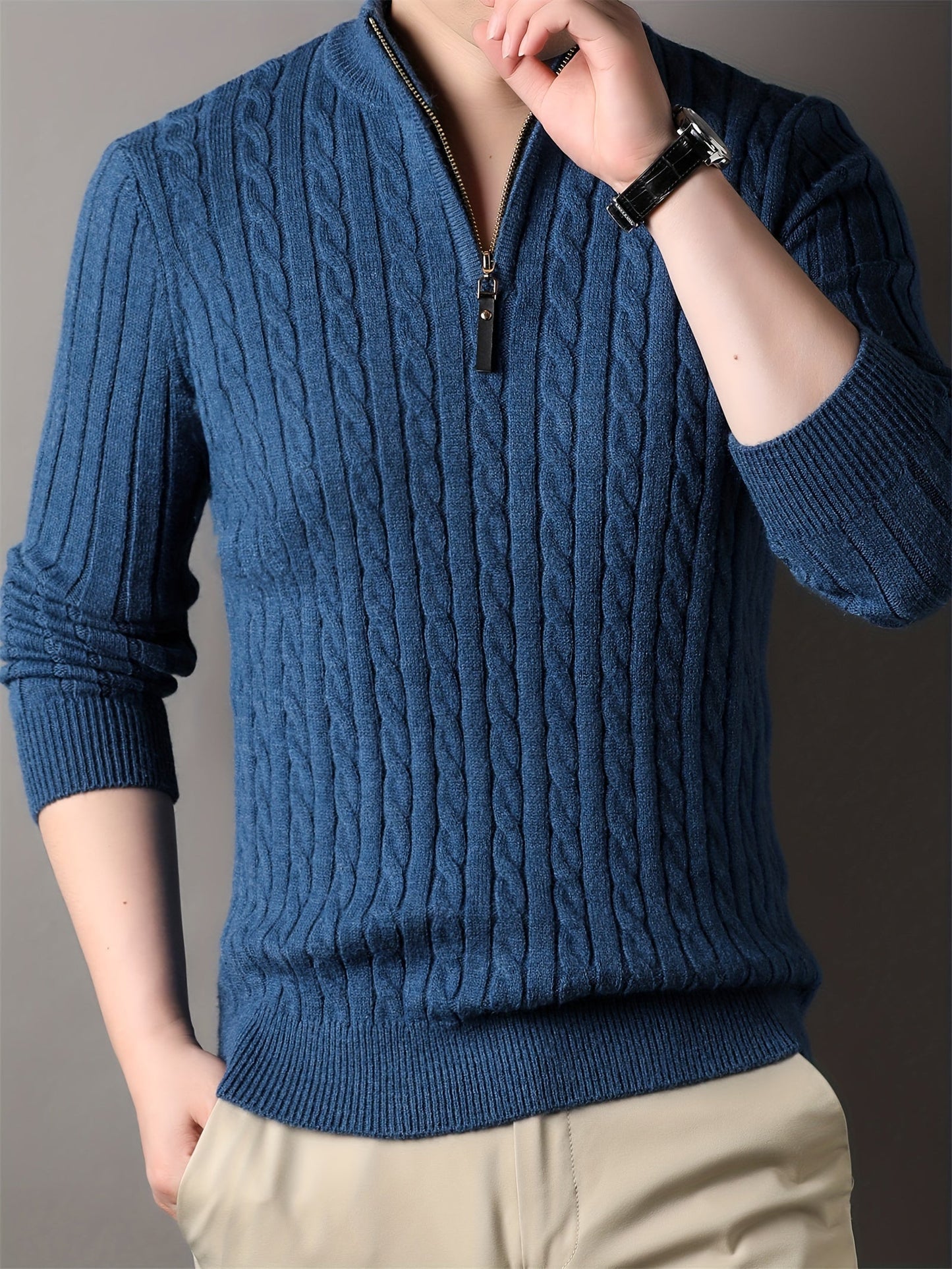 WW | Men's Casual Cable Knit Zip Sweater