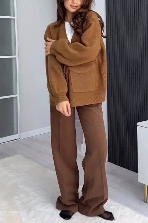 WW | Farbe Vielseitiger V-Ausschnitt Taschenpullover Jacke