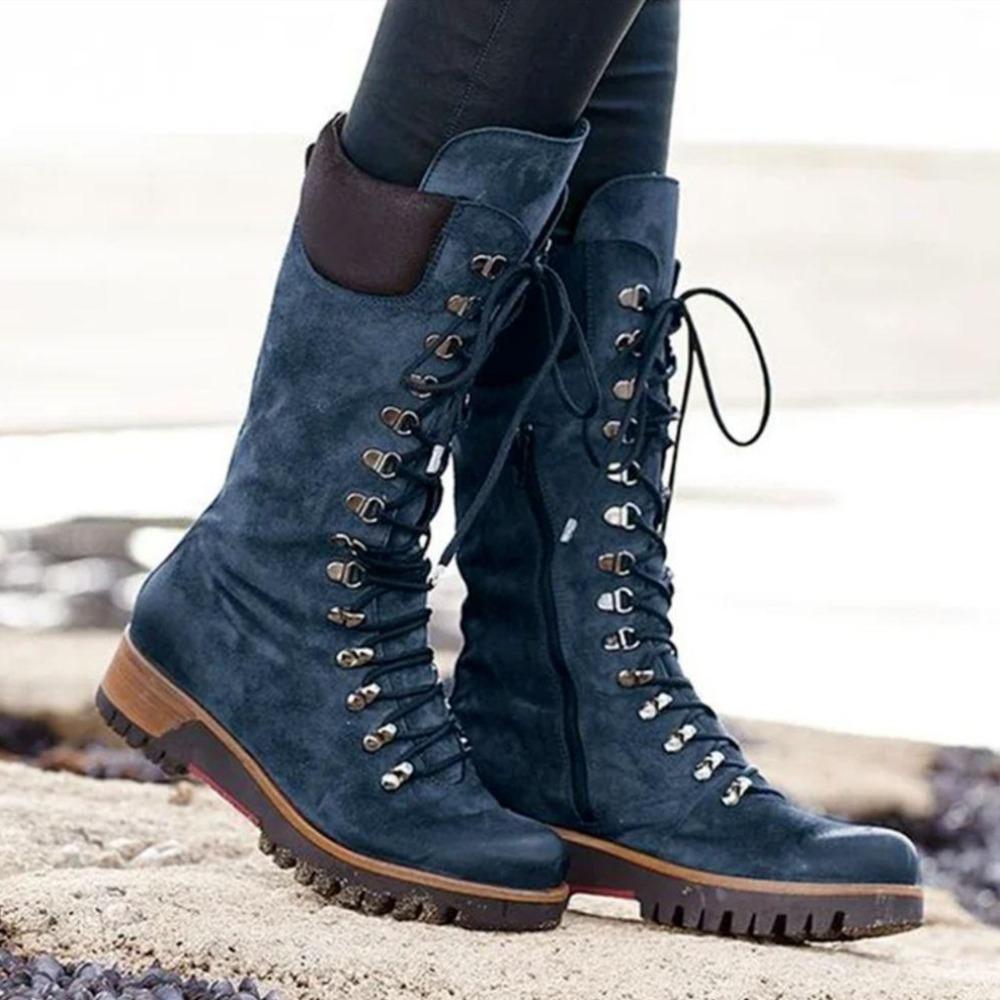 WW | Knielange Schnürstiefel Wildleder Robuste Sohle Reißverschluss Bequeme Passform