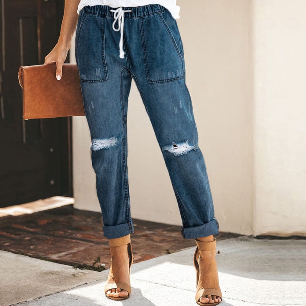 WW | Relaxed Fit Zerrissene Denim Elastischer Bund Mit Kordelzug
