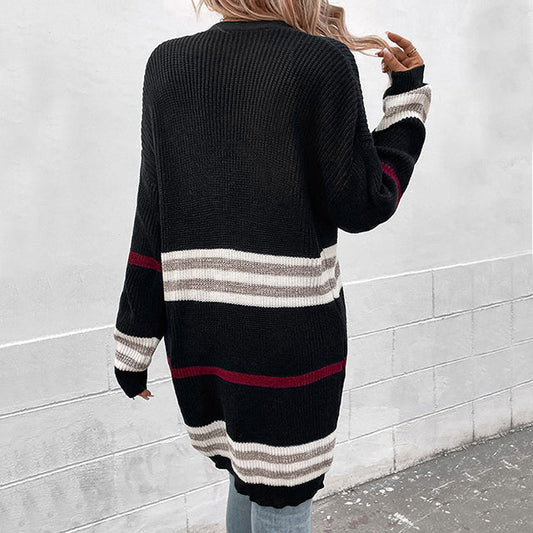 WW | Strickjacke Langes Modell Offene Vorderseite Strickdesign Mit Streifen Bequeme Passform
