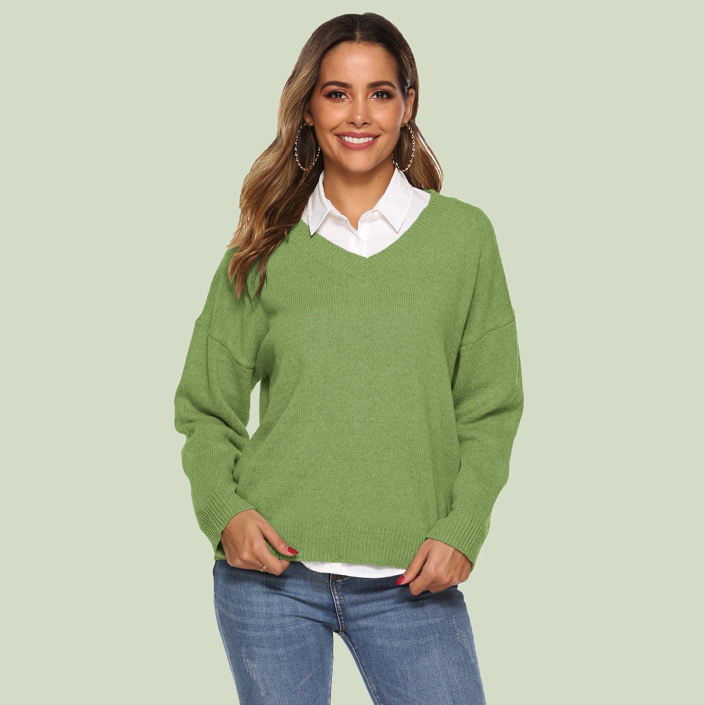 WW | Strickpullover V-Ausschnitt Relaxed Fit Lange Ärmel Weich Und Bequem
