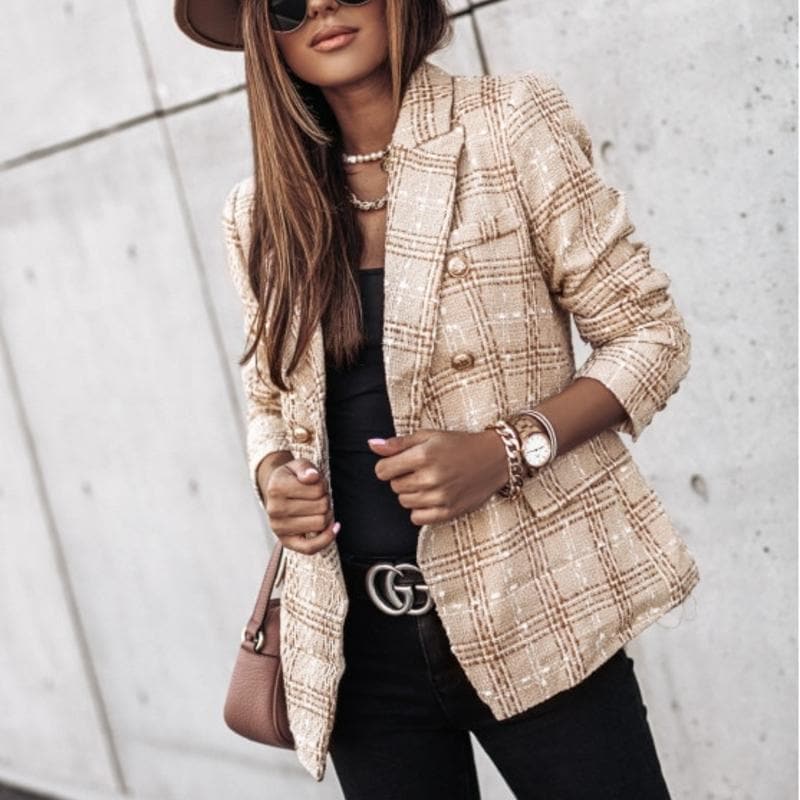 WW | Blazer Tweed Stoff Karomuster Taillierte Passform Goldene Knöpfe