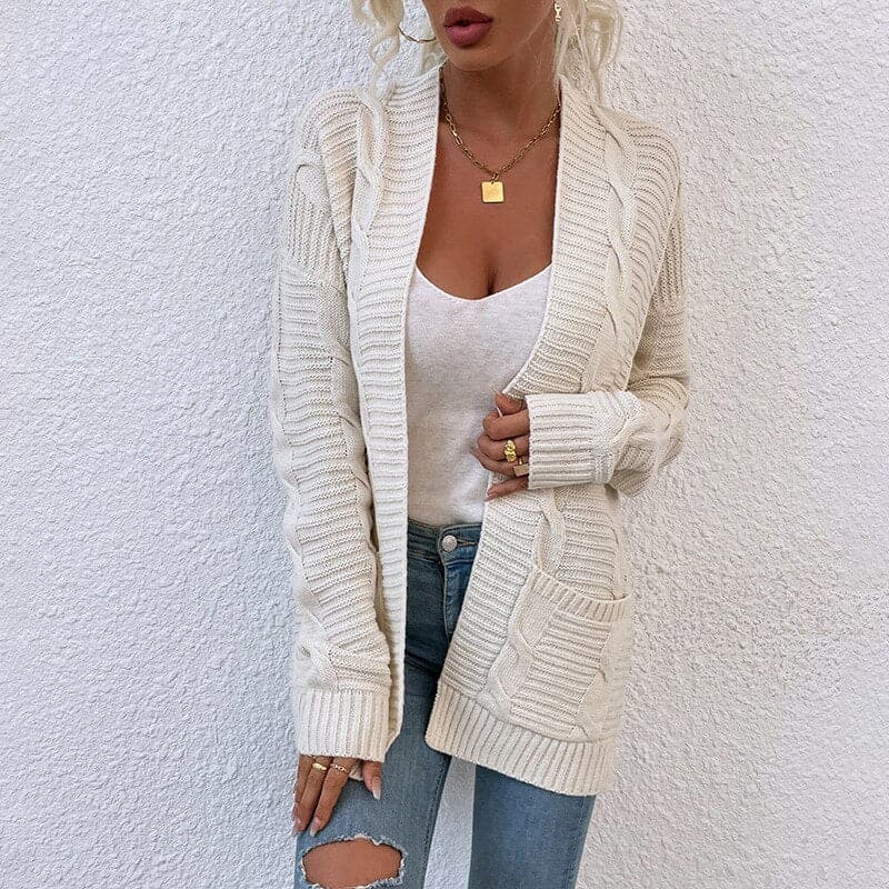 WW | Strickjacke Gestrickte Kabelmuster Offene Vorderseite Langärmlig Mit Taschen