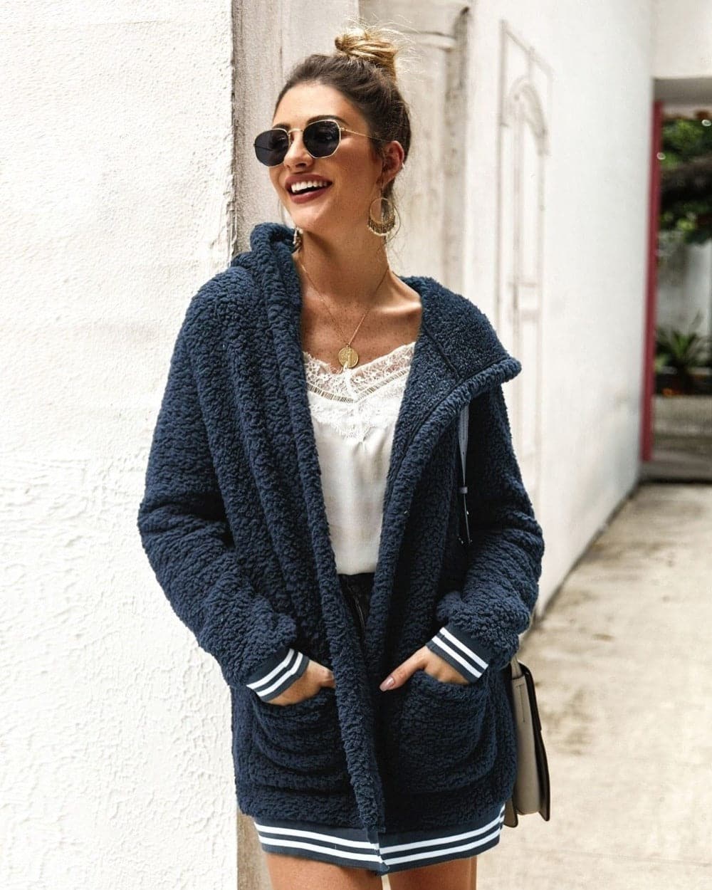 WW | Fleecejacke Übergroß Sherpa Kapuze Und Große Taschen Weich Und Warm