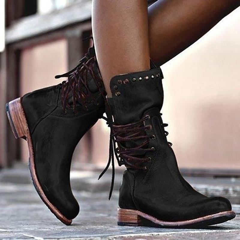 WW | Stiefeletten Leder Schnürung Nieten Details Niedriger Absatz Runde Spitze