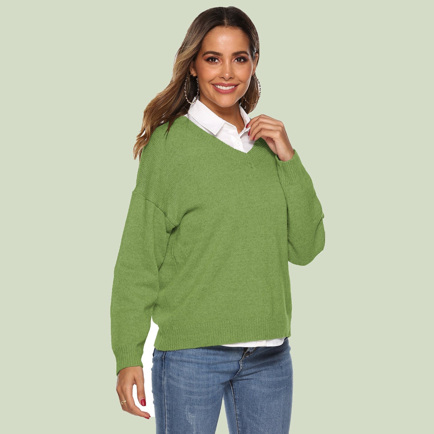 WW | Strickpullover - V-Ausschnitt - Lockere Passform - Lange Ärmel - Weich und Bequem