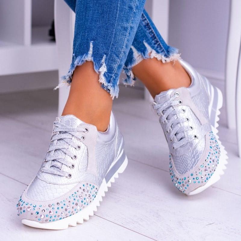 WW | Sneaker Structured Design Rhinestone Details Chunky Sole Lacing