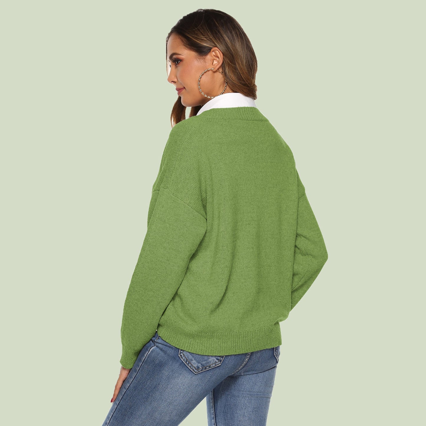 WW | Strickpullover - V-Ausschnitt - Lockere Passform - Lange Ärmel - Weich und Bequem