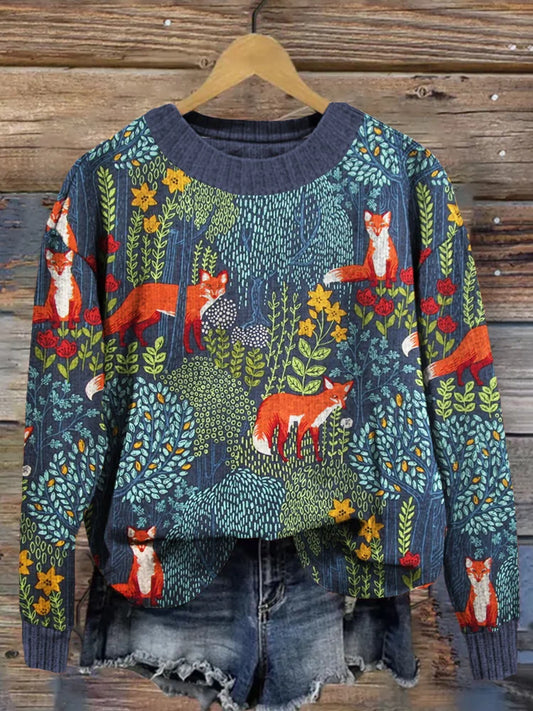 WW | Elegantes Langarm-T-Shirt mit Wald-Fox-Muster für Frauen