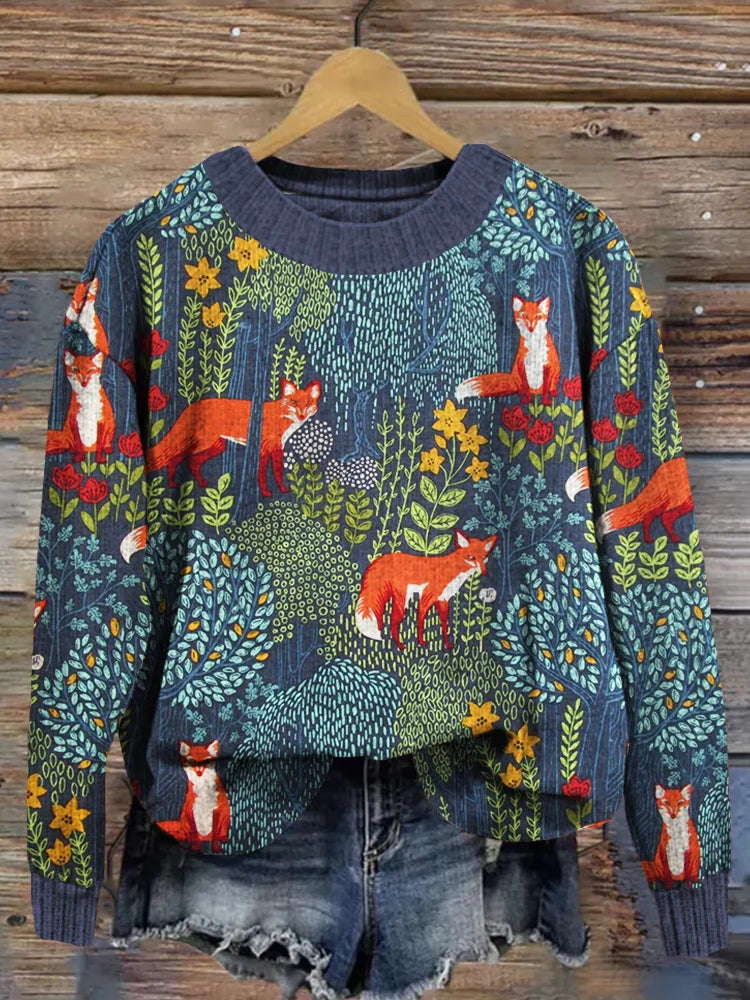 WW | Elegantes Langarm-T-Shirt mit Wald-Fox-Muster für Frauen