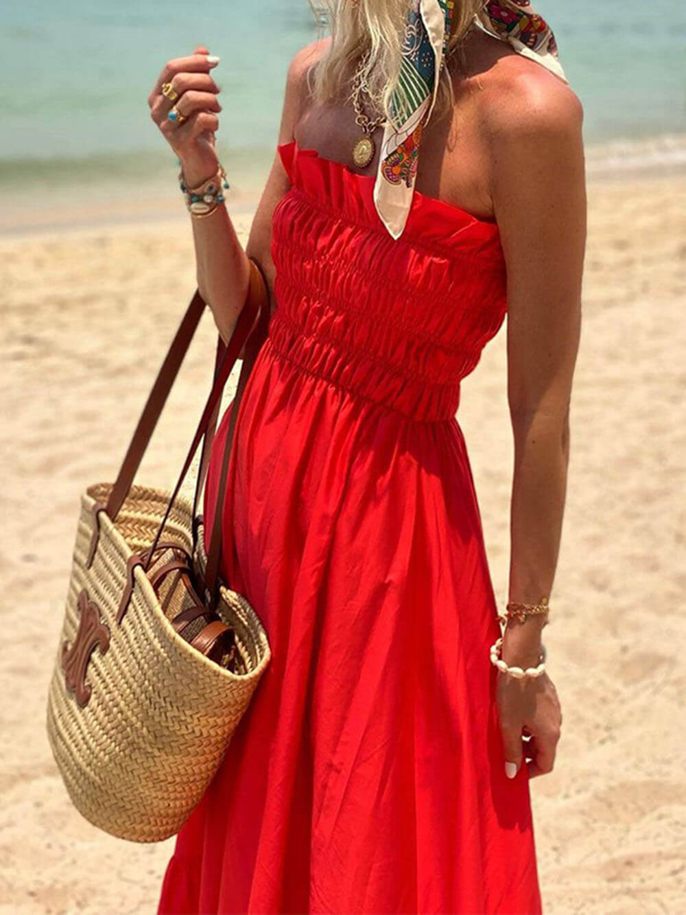 Off-Shoulder Smocked Bust Vacation Maxi Dress