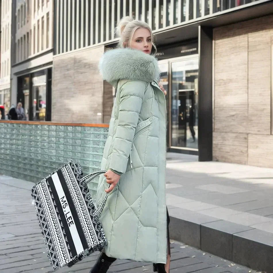 WW | Long Down Jacket Quilted Design Detachable Hood with Faux Fur