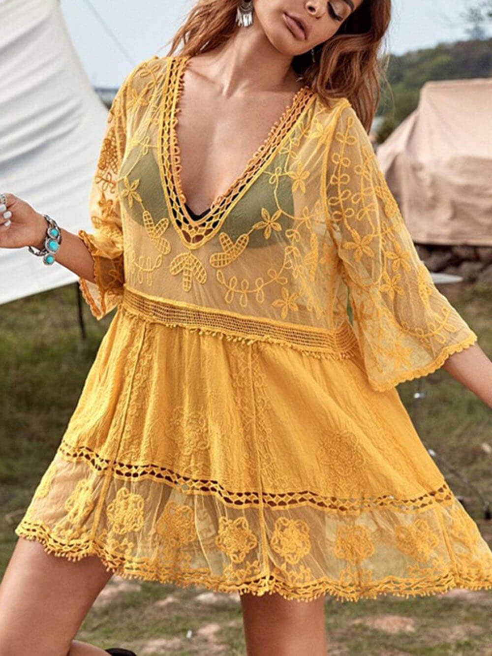 Loose lace beach dress as a bikini cover-up for that vacation feeling
