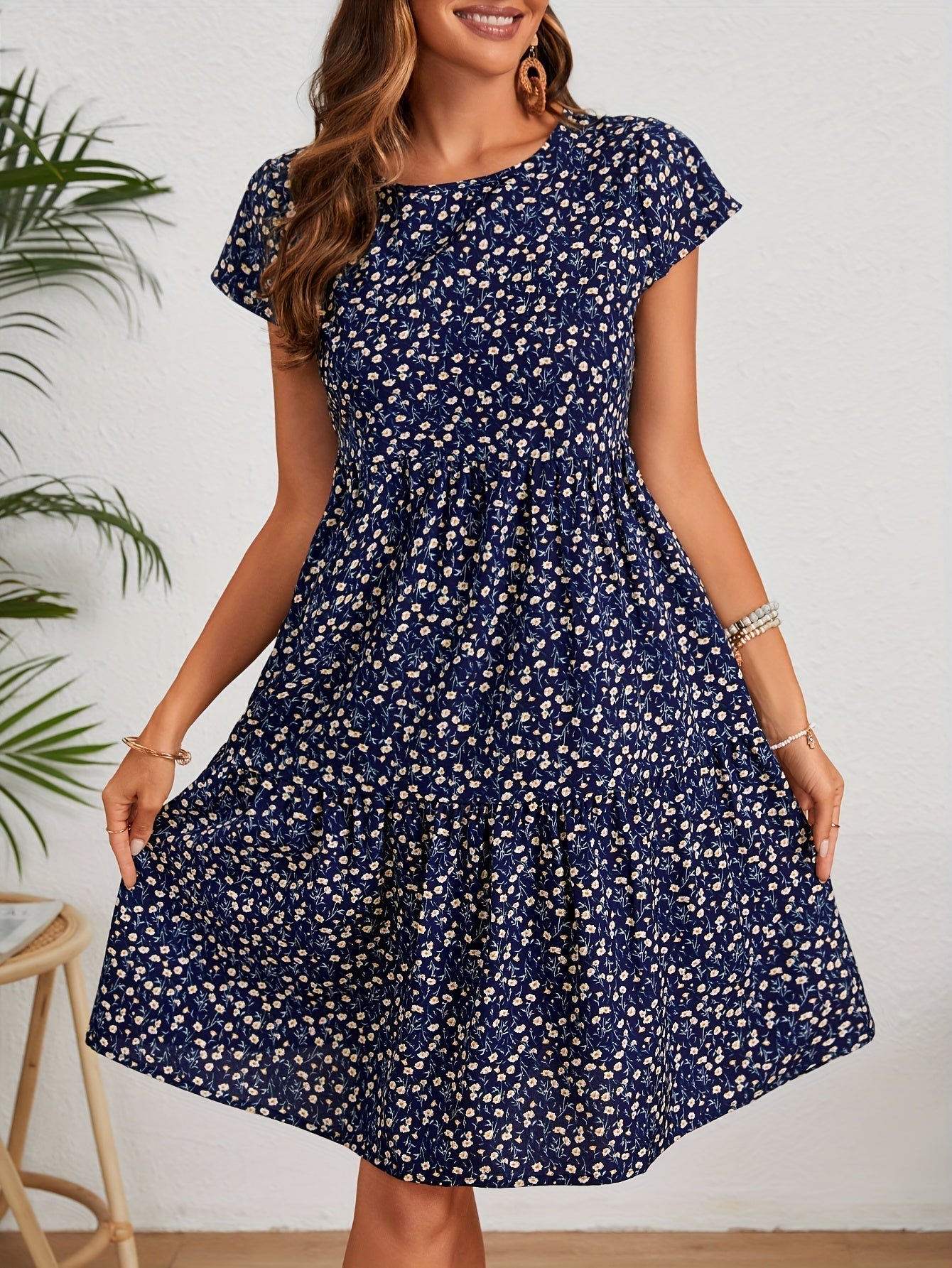 Callista - Floral Print Round Neck Dress