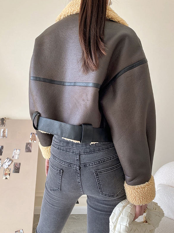 WW | Brown Lambswool Lined Leather Splice Short Jacket