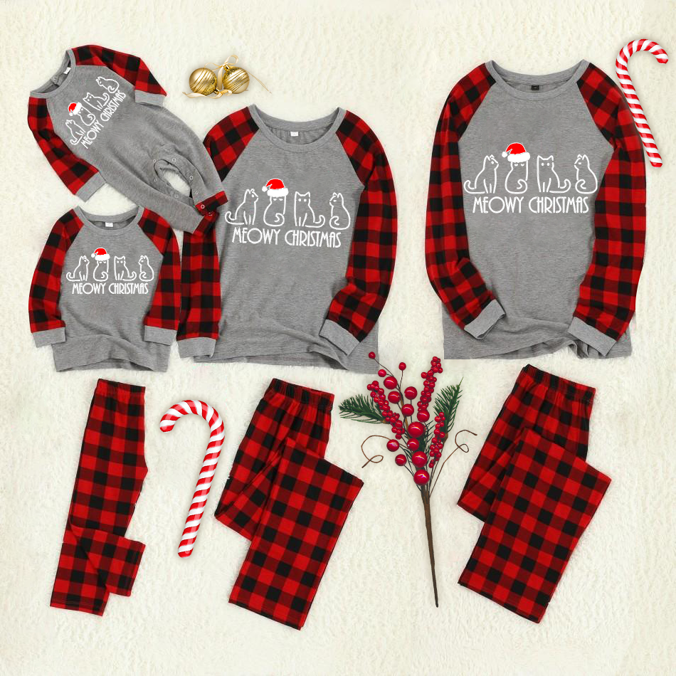 WW | Christmas Cartoon Cat Pattern "Meowy Christmas" Letter Print Contrast Top and Plaid Pants Family Matching Pajama Set with Dog Bandana