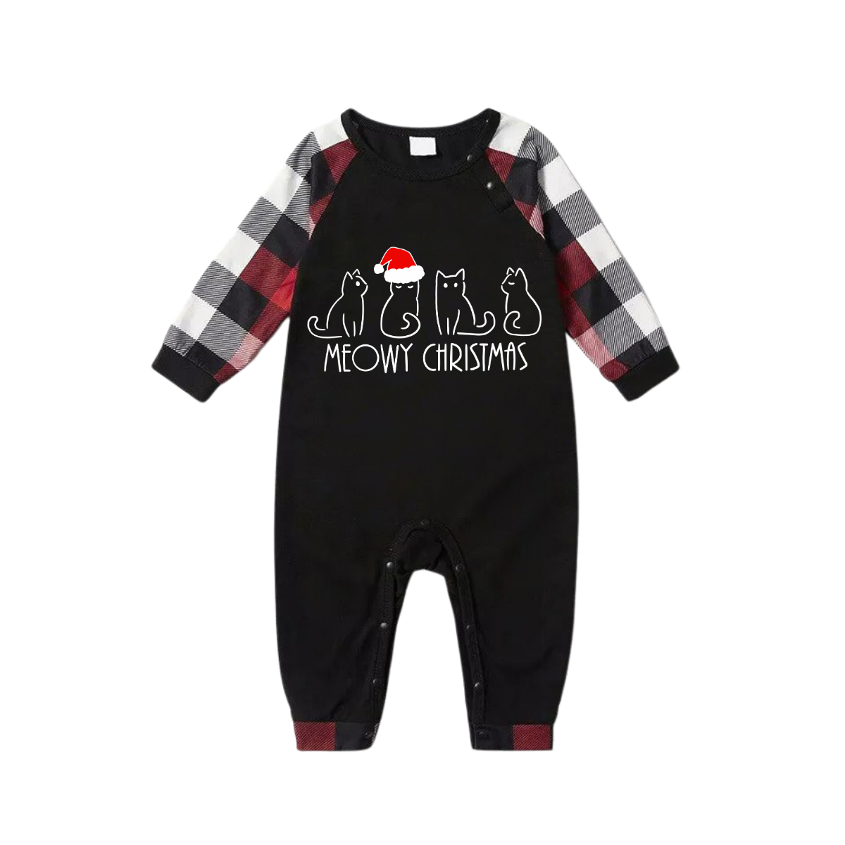 WW | Weihnachtsniedliche Katzenmuster Rot & Schwarz & Grau & Weiß Karierte Familien-Pyjamas