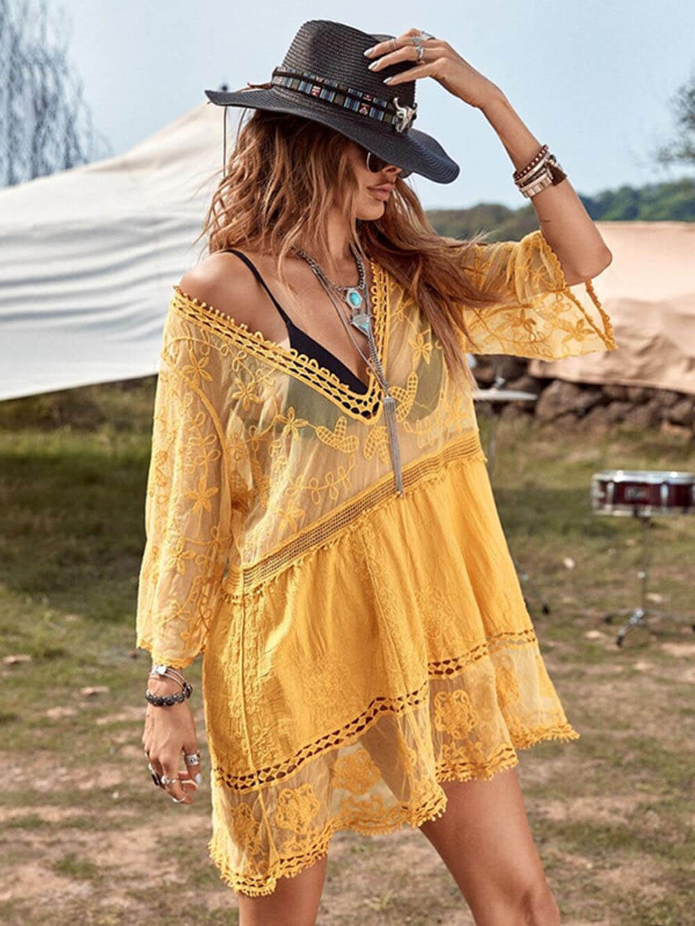 Loose lace beach dress as a bikini cover-up for that vacation feeling