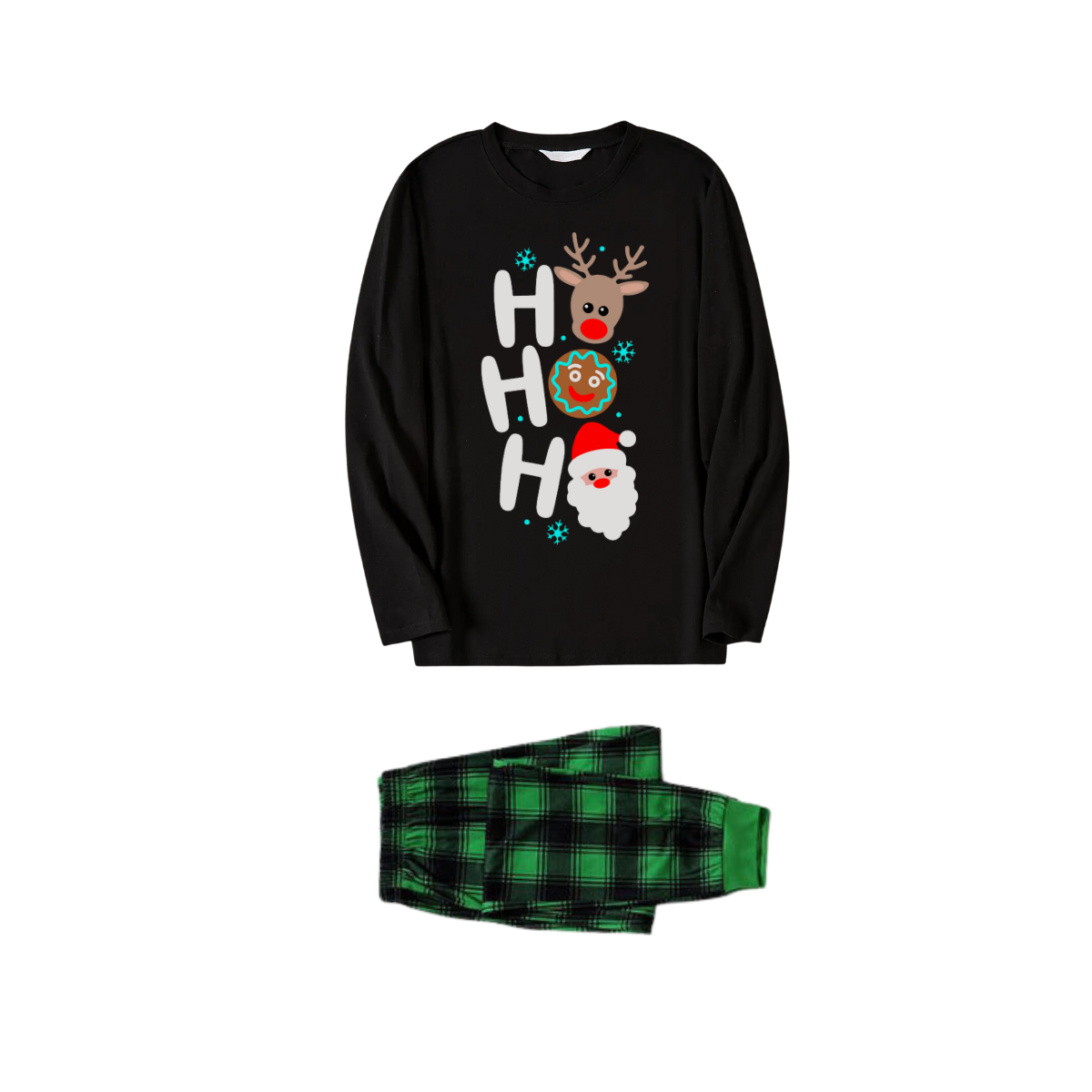 WW | Christmas "HO HO HO" Text Print Black Long Sleeve Top with Green and Black Plaid Family Neutral Pajamas