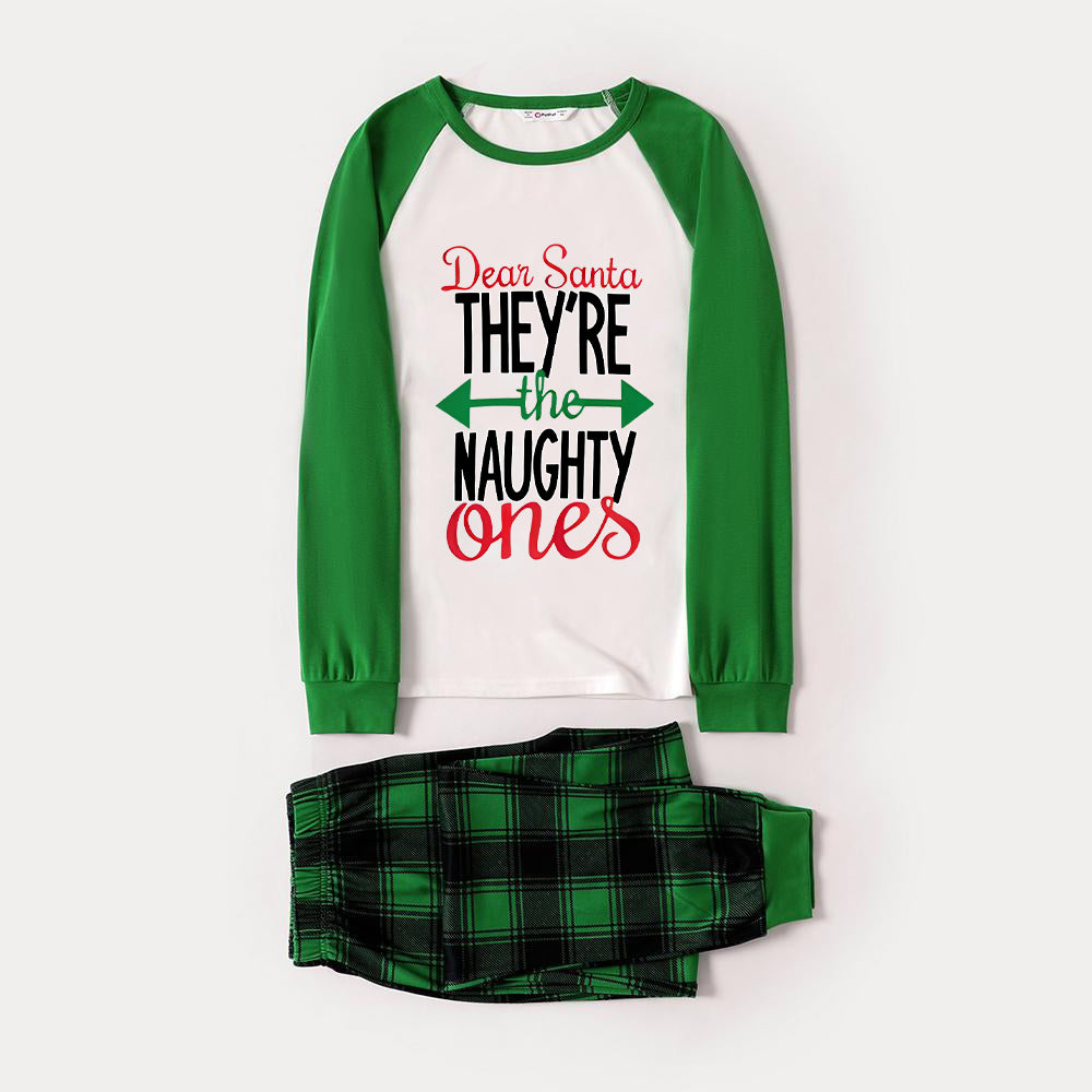 WW | Dear Santa Naughty List Letter Print Casual Long Sleeve Sweatshirts Green Contrast Top and Black-Green Plaid Pants Family Matching Raglan Long Sleeve Pajama Sets with Dog Bandana