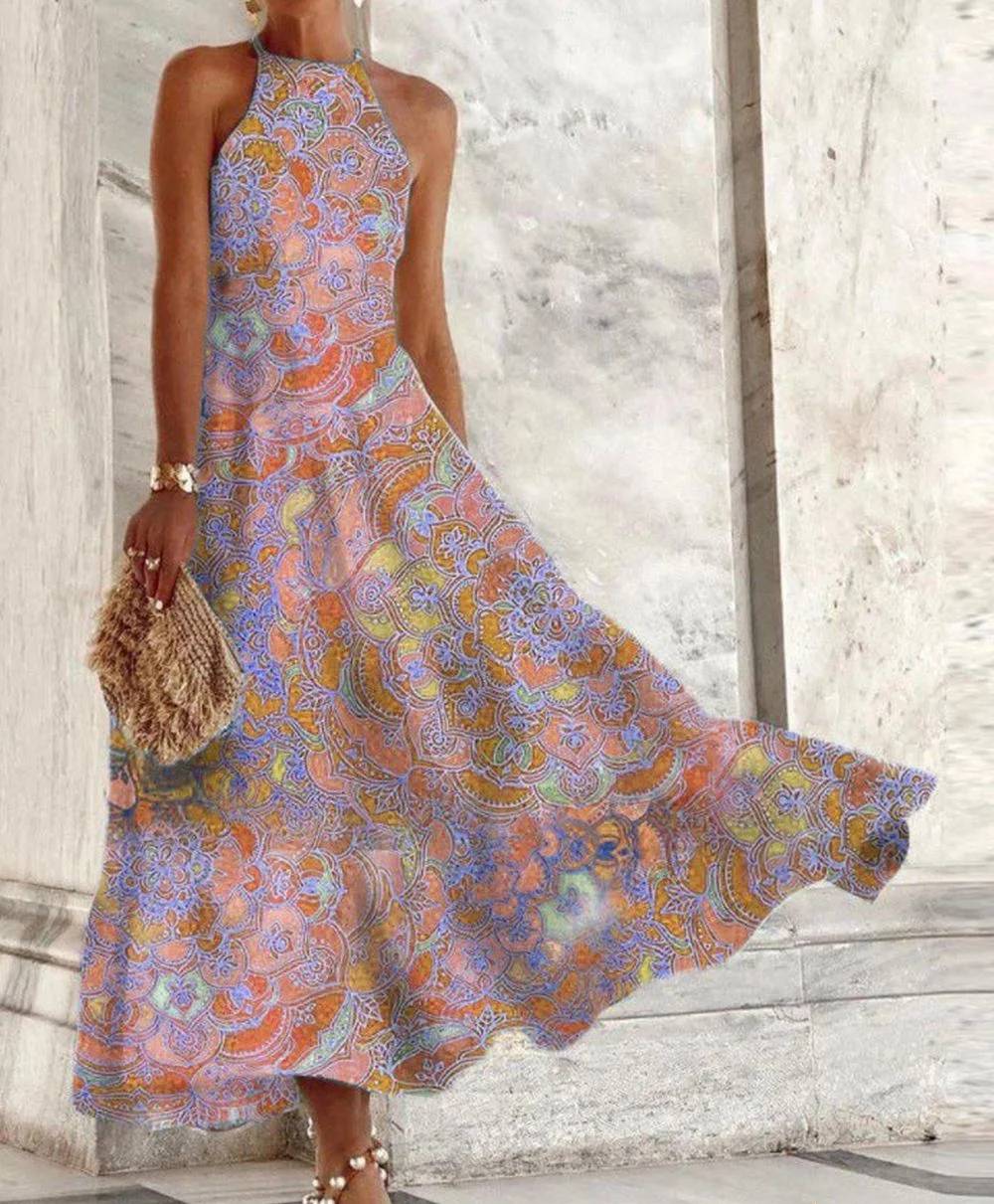 Miriam – Sleeveless Women's Dress with Halter Neck and Vintage Pattern