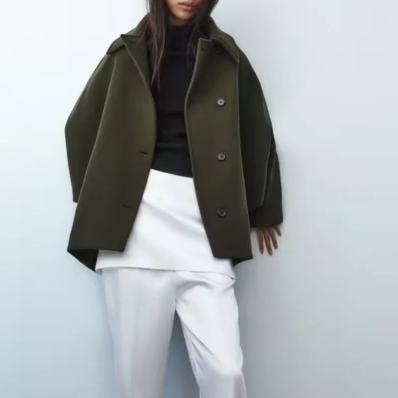 WW - Trendy Kurzer Mantel Mit Polokragen Und Kapuzenärmeln Aus Gemischtem Stoff