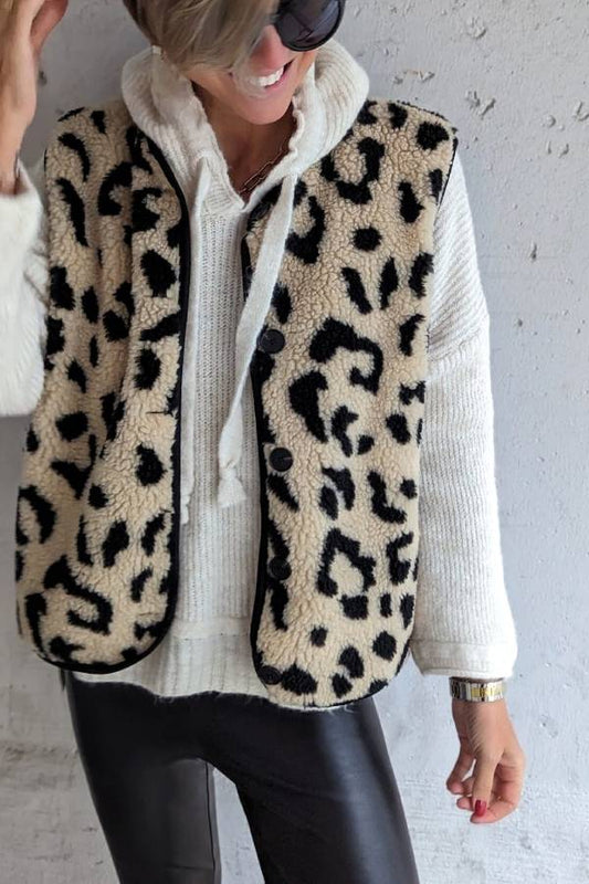 WW | Leopard Print Open Front Casual Autumn and Winter Vest Jacket