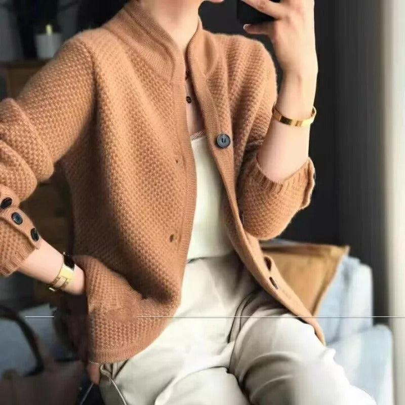 WW | Strickjacke Strickmuster Hoher Kragen Knöpfe & Taschen Langarm