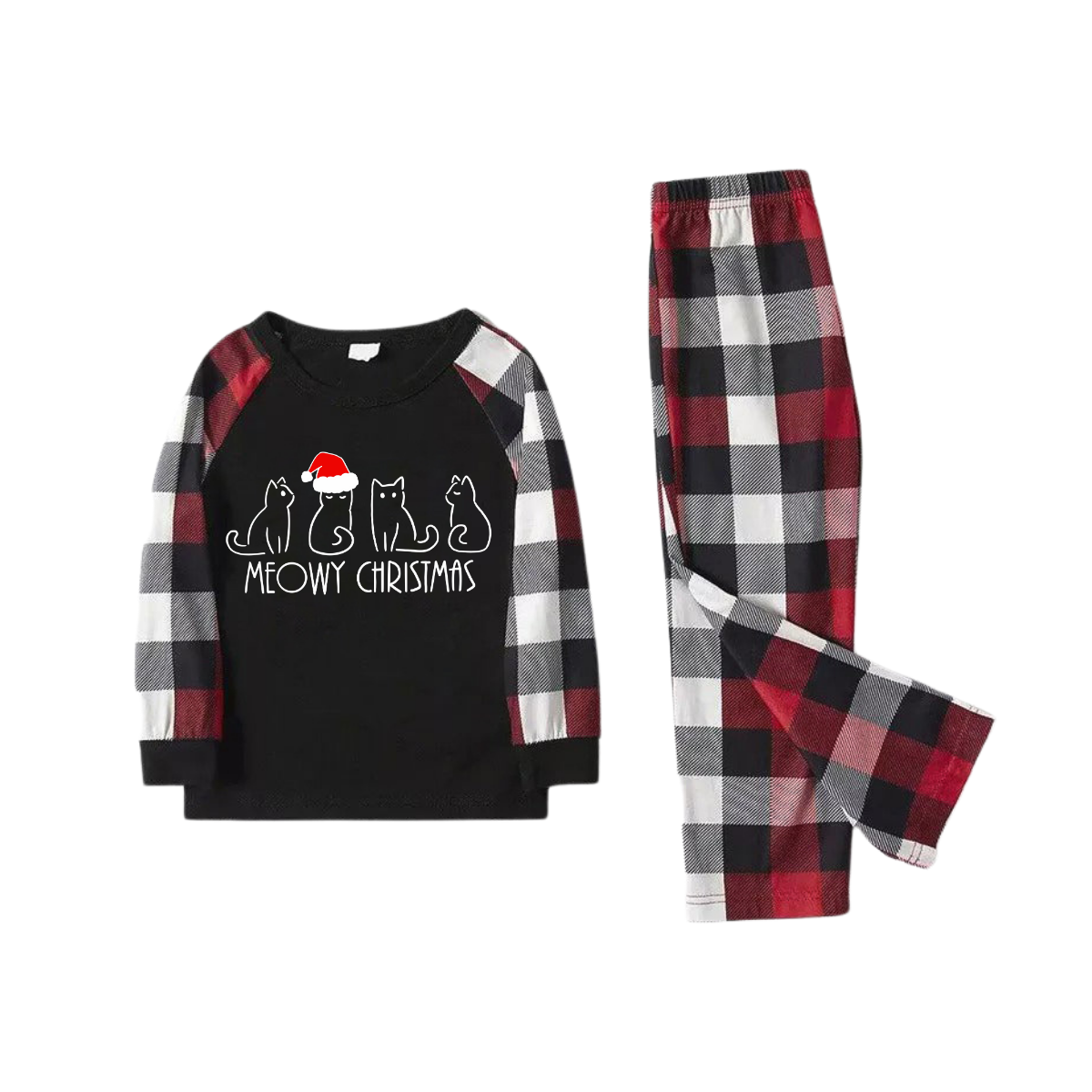 WW | Weihnachtsniedliche Katzenmuster Rot & Schwarz & Grau & Weiß Karierte Familien-Pyjamas