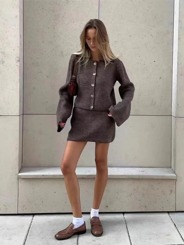 WW | Cozy knit cardigan and casual mini skirt set