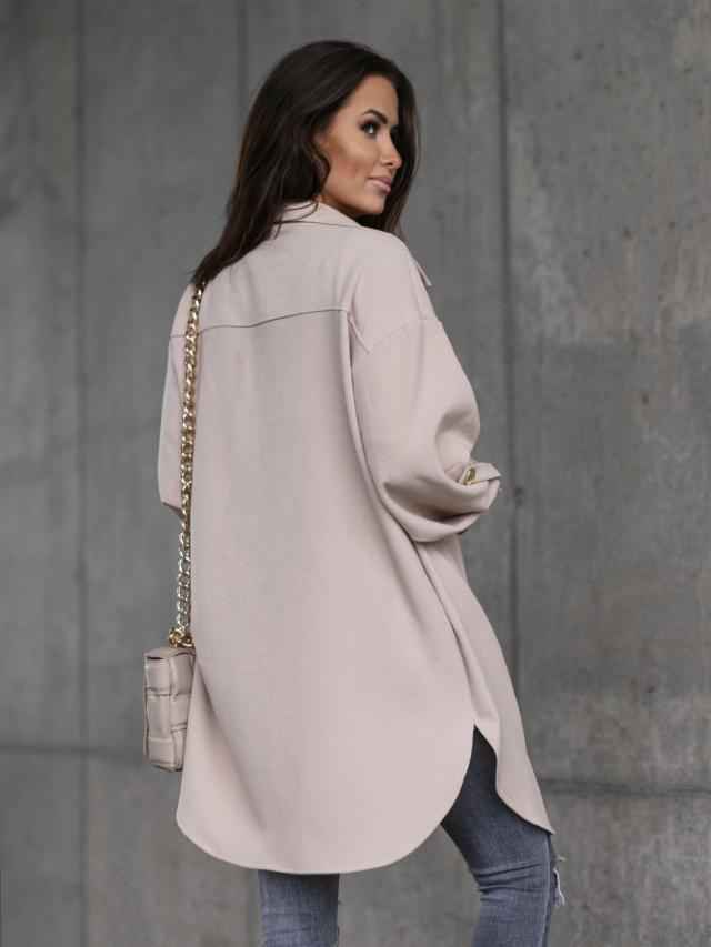 WW | Comfortable long shirt jacket with buttons, wool collar and lapels