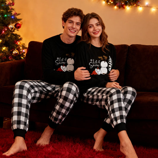 WW | Couple Black and White Plaid Matching Pajamas "Let it Snow" Text and Snowman Prints