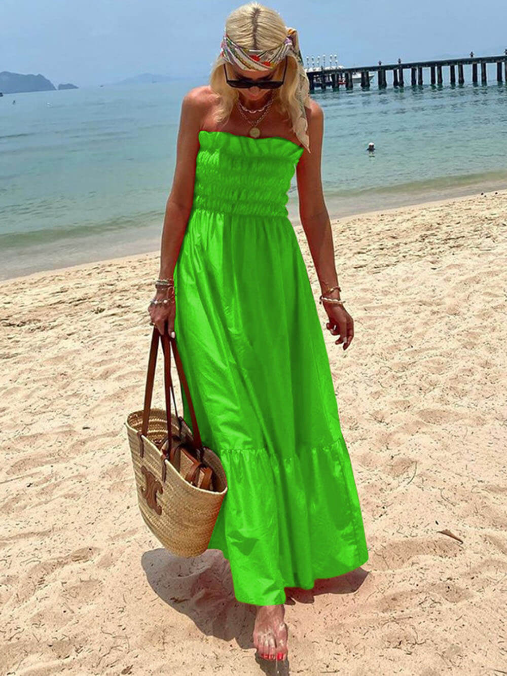 Off-Shoulder Smocked Bust Vacation Maxi Dress