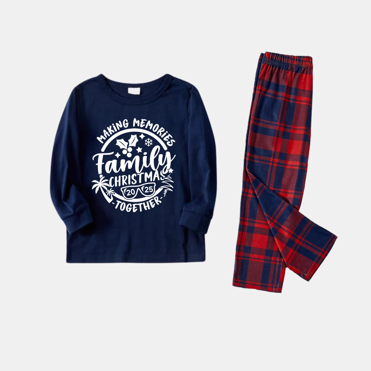 WW | Weihnachts Erinnerungen Gemeinsam 2025 Druck Blau Langarm Oberteil mit Rot & Blau Kariert Familie Passende Pyjamas