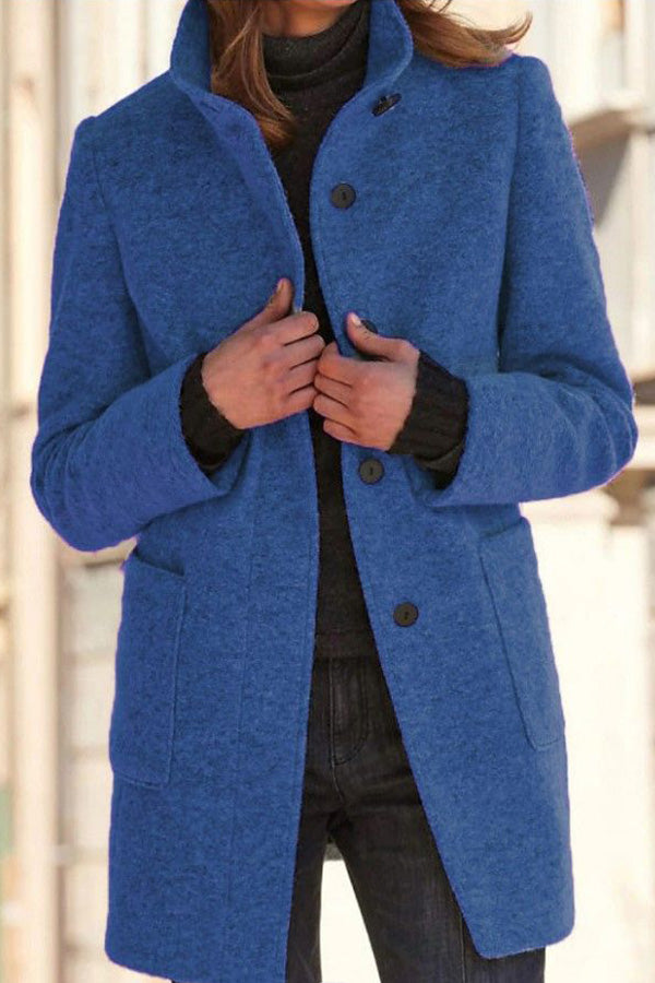 WW | Solid Color Button Stand-Up Collar Wool Jacket