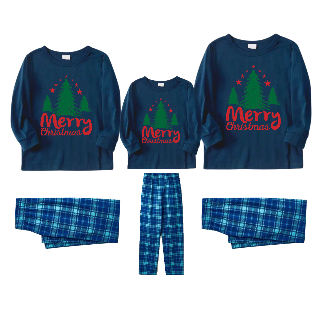 WW | Merry Christmas Letter & Tree Print Blue Long Sleeve Top and Blue & White Plaid Pants Family Matching Pajamas