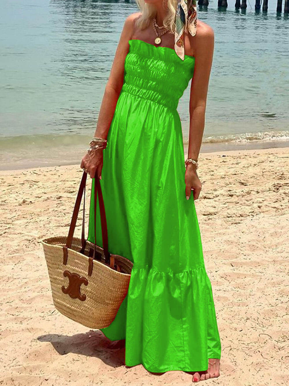 Off-Shoulder Smocked Bust Vacation Maxi Dress