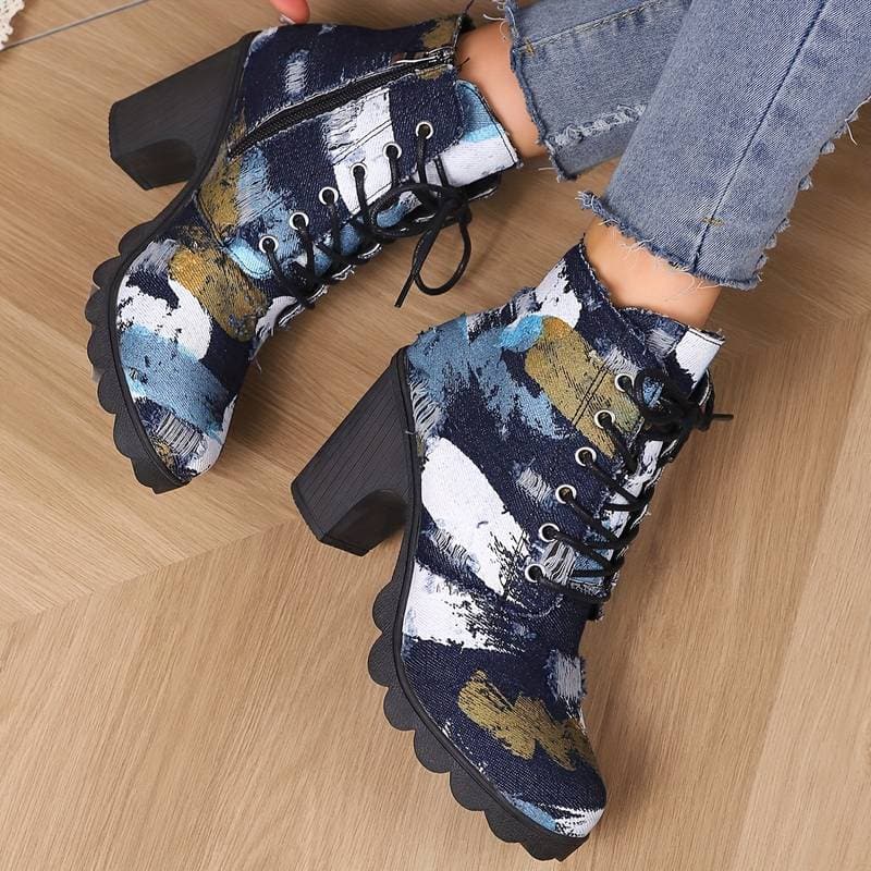 WW | Stiefeletten Gemustertes Textil Schnürung Blockabsatz Chunky Sohle